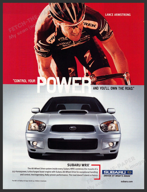 Subaru WRX Lance Armstrong 2000s Print Advertisement 2003 Cyclist Power Fetch-the-Paper
