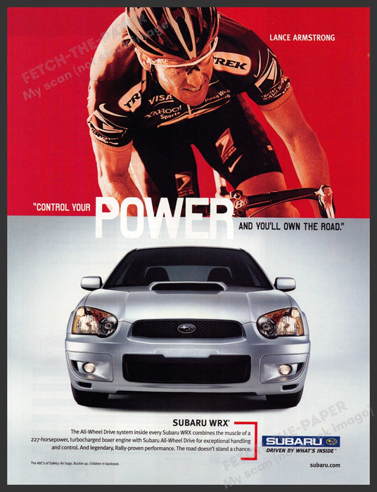 Subaru WRX Lance Armstrong 2000s Print Advertisement 2003 Cyclist Power Fetch-the-Paper