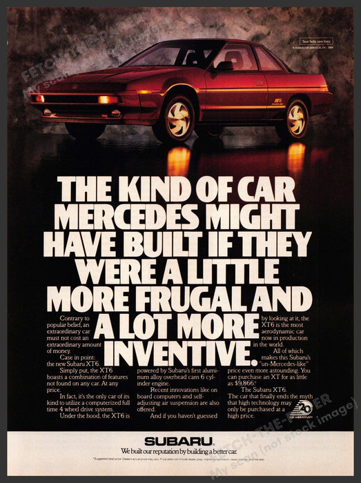 Subaru XT6 1980s Magazine Print Advertisement 1988 Frugal Inventive Fetch-the-Paper