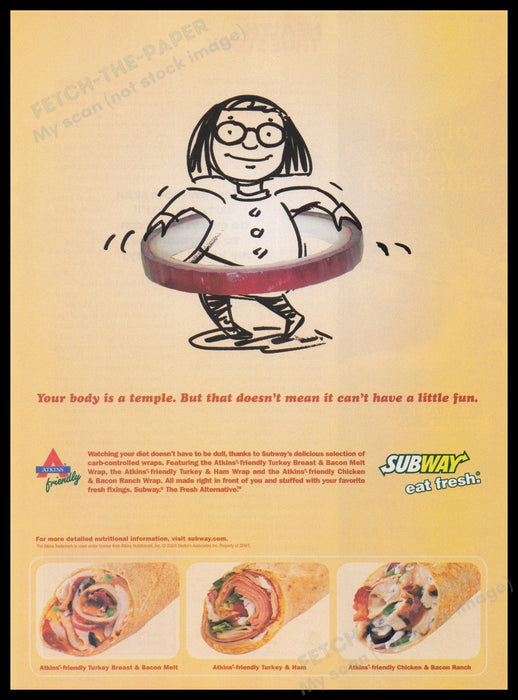 Subway 2000s Print Advertisement Ad 2004 Atkins Keto Wraps Promo Fetch the Paper!