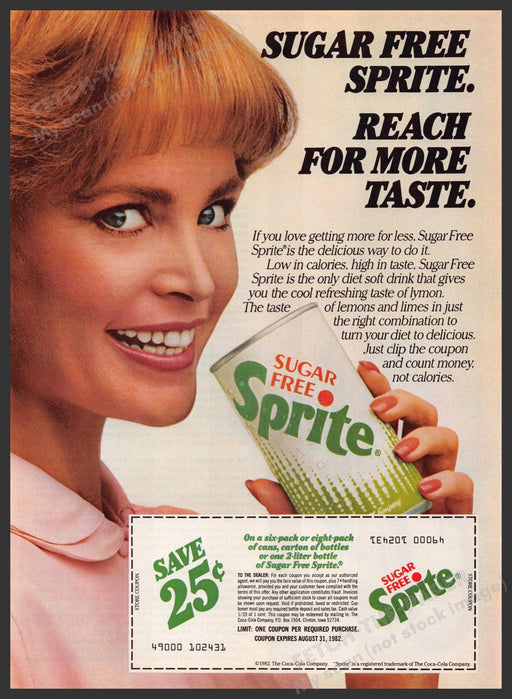 Sugar Free Sprite 1980s Print Advertisement 1982 "Reach for more taste" Fetch-the-Paper