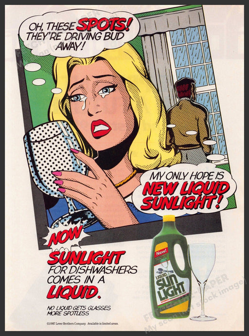 Sun Light 1980s Print Advertisement Ad 1988 Dishwasher Spots Crying Comic Sun Light