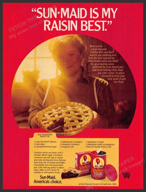 Sun-Maid Raisins 1980s Magazine Print Advertisement 1983 "Raisin Pie" Recipe Sun-Maid