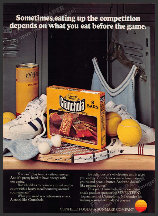 Sunfield Crunchola 1970s Print Advertisement 1977 Tennis Healthy Snack Bars Sunfield