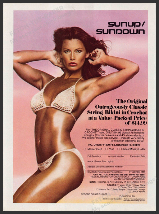 Sunup / Sundown Swimwear 1980s Print Advertisement 1981 Crochet Bikini Tan Skin Fetch-the-Paper