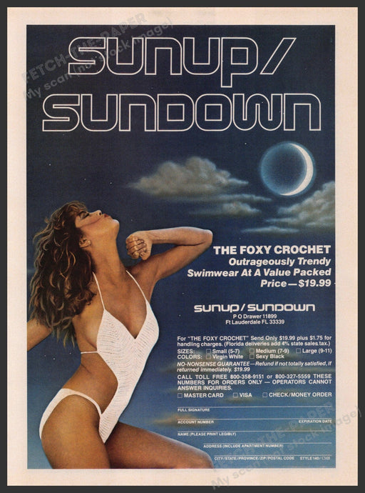 Sunup / Sundown The Foxy Crochet 1980s Print Advertisement 1981 Legs Swimsuit Fetch-the-Paper