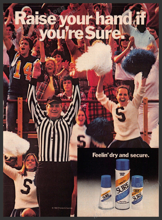 Sure Deodorant 1980s Print Advertisement 1983 Football Game Cheerleaders Fetch-the-Paper