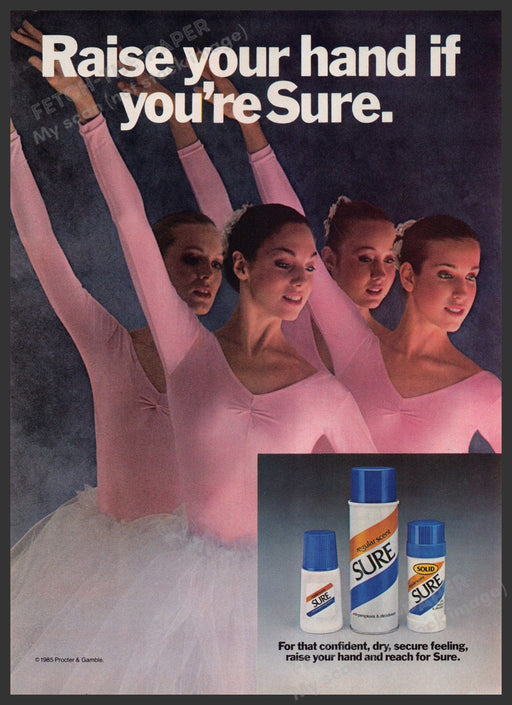 Sure Deodorant 1980s Print Advertisement Ad 1985 Teen Ballerinas Fetch the Paper!