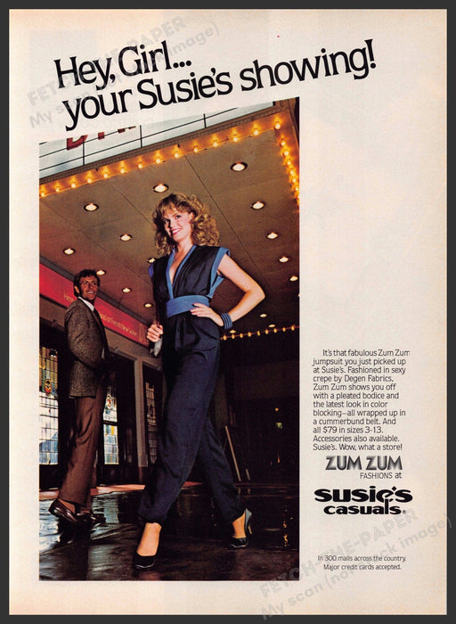 Susie's Casuals 1980s Print Advertisement 1982 "Hey, girl..your Susie's showing" Fetch-the-Paper