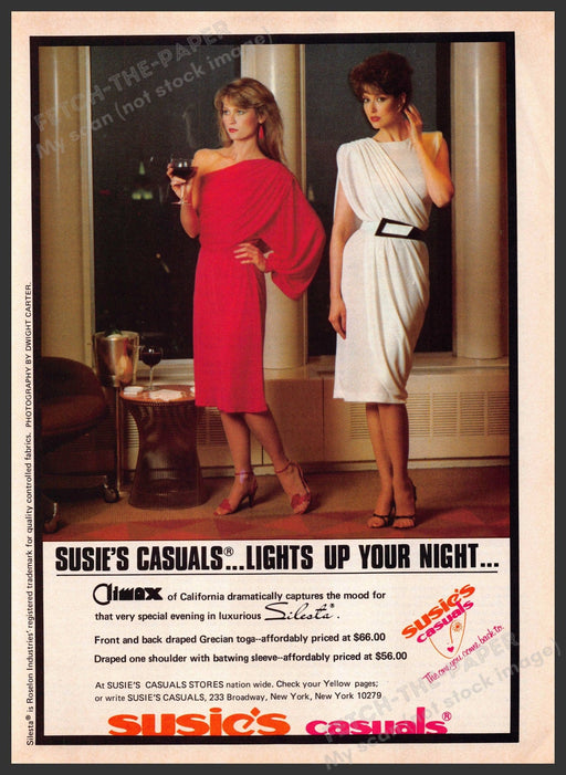 Susie's Casuals 1980s Print Advertisement 1982 Legs "Lights up your night" Fetch-the-Paper