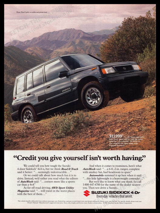Suzuki Sidekick 4-door 1990s Print Advertisement Ad 1991 Side of Mountain Fetch-the-Paper