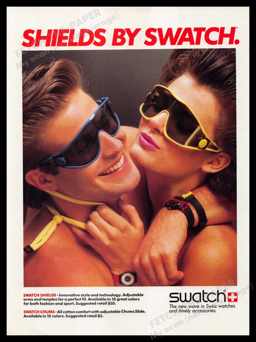 Swatch Shields Sunglasses Chums 1980s Print Advertisement Ad 1985 Fetch-the-Paper