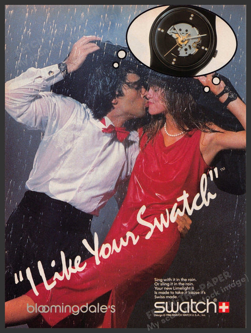 Swatch Watch  Limelight II 1980s Print Advertisement 1986 Couple Kissing Rain Fetch-the-Paper