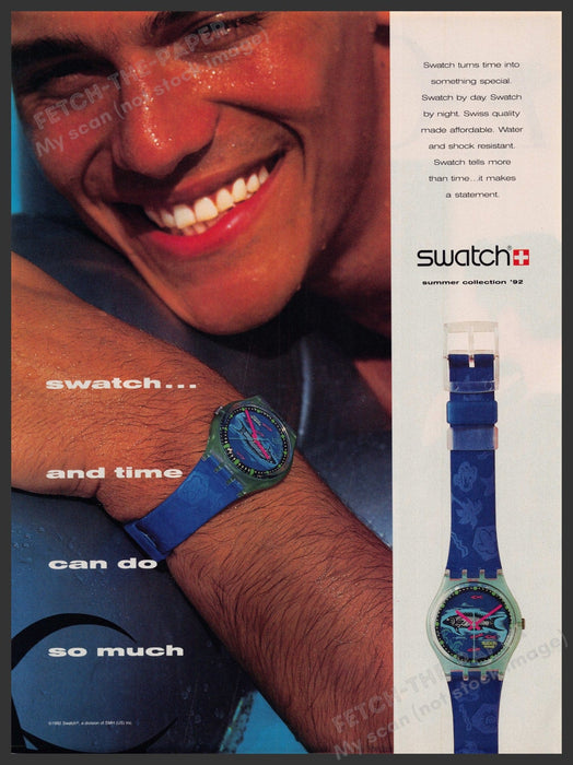 Swatch Watch Water & Shock Resistant 1990s Print Advertisement Ad 1992 Fetch-the-Paper
