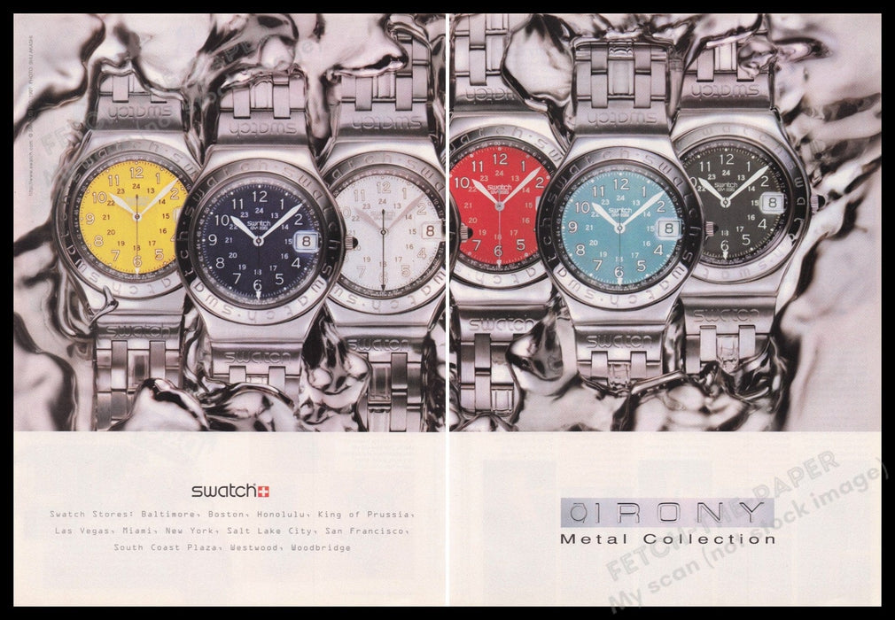 Swatch Watches 1990s Print Advertisement (2 pages) 1997 Irony Metal Collection Fetch the Paper!