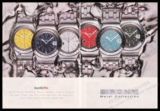 Swatch Watches 1990s Print Advertisement (2 pages) 1997 Irony Metal Collection Fetch the Paper!