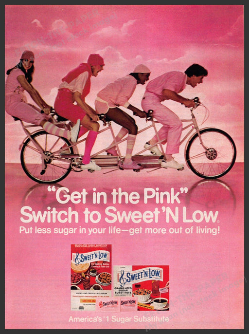 Sweet 'N Low 1980s Print Advertisement 1981 Riding Tandem Bicycle "Get in Pink" Sweet 'n Low