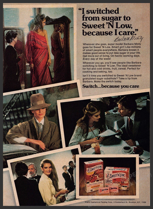 Sweet 'n Low Barbara Minty 1970s Print Advertisement 1979 Super Model Fetch-the-Paper