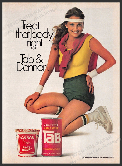 Tab & Dannon 1980s Print Advertisement 1982 Legs "Treat the body right" Fetch-the-Paper