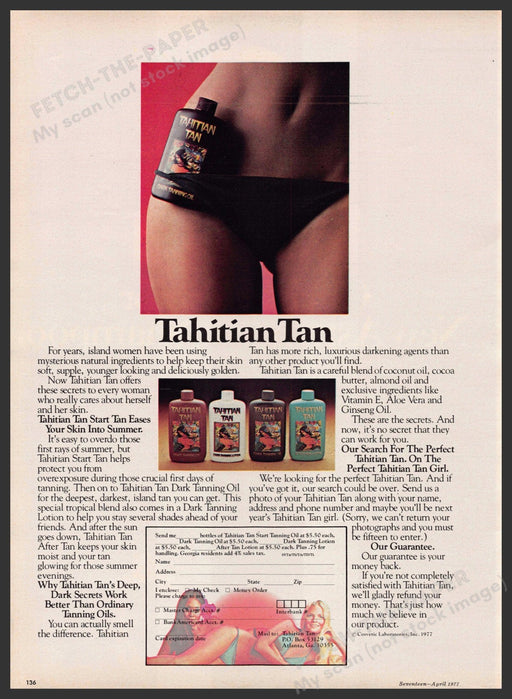 Tahitian Tan 1970s Print Advertisement 1977 Bikini Bottom Tanning Tahitian Tan