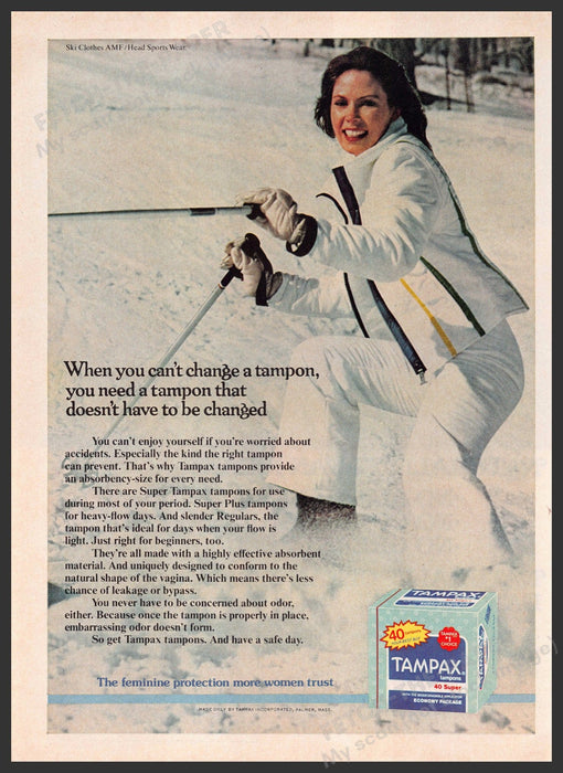 Tampax 1970s Print Advertisement 1979 Girl Downhill Skiing Fetch-the-Paper