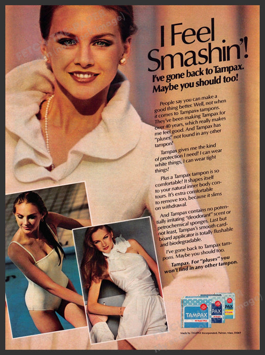 Tampax 1980s Print Advertisement 1981 Model "I feel smashin" Tampax