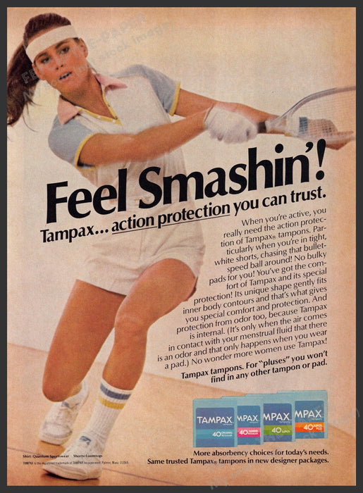 Tampax 1980s Print Advertisement 1982 "Feel smashin'" Girl Playing Tennis Fetch-the-Paper