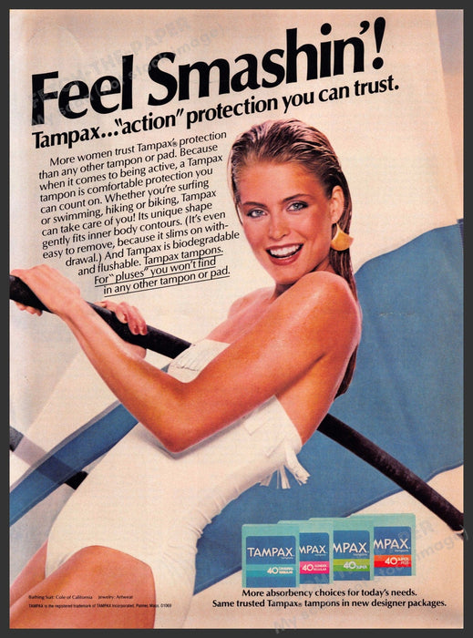 Tampax 1980s Print Advertisement 1982 Feel Smashin' Sailing Fetch-the-Paper