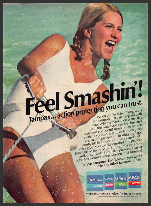 Tampax 1980s Print Advertisement 1982 Woman Water Skiing "Feel Smashin'" Fetch-the-Paper