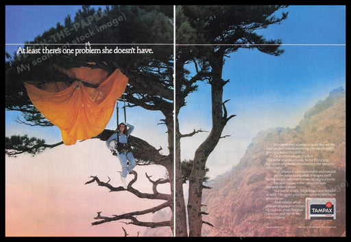 Tampax 1980s Print Advertisement (2 pgs) 1982 Parachuter Stuck in Tree Fetch the Paper!