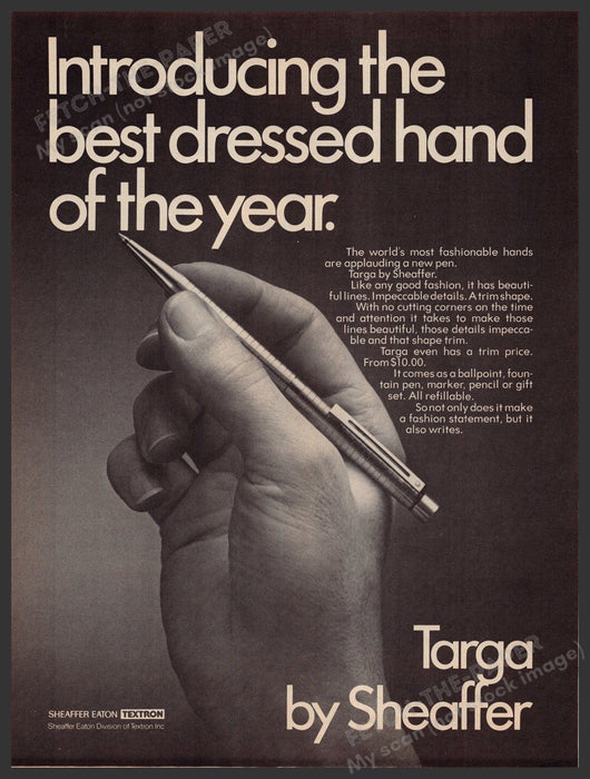 Targa Pen by Sheaffer 1970s Print Advertisement Ad 1977 "Best dressed hand" Fetch-the-Paper