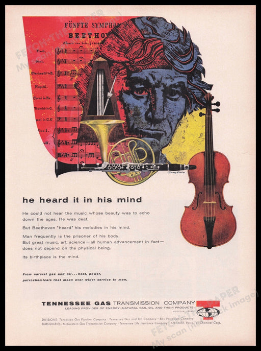 Tennessee Gas 1950s Print Advertisement Ad 1959 Natural Gas Beethoven Fetch the Paper!