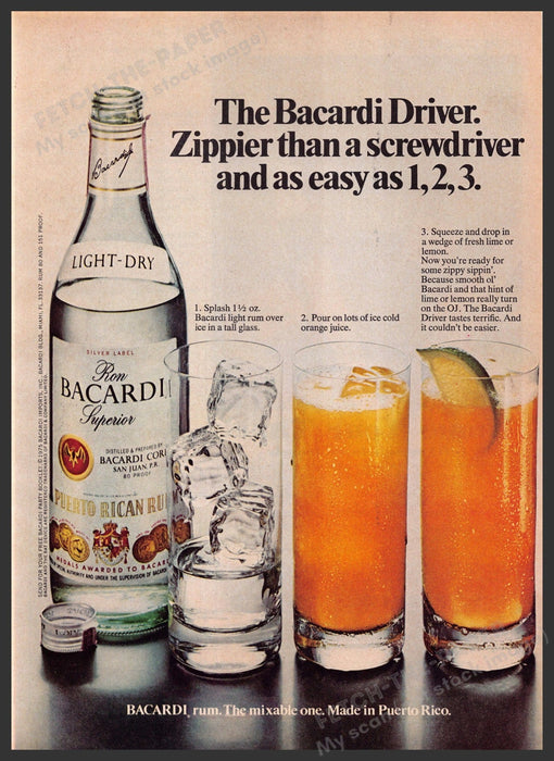 The Bacardi Driver 1970s Print Advertisement 1977 Drink Recipe Fetch-the-Paper