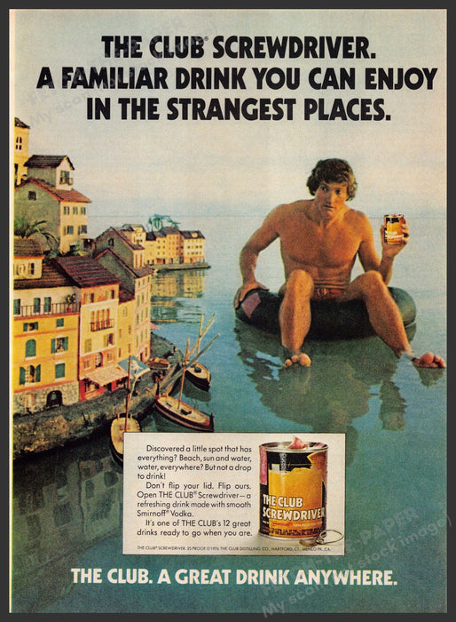 The Club Screwdriver 1970s Print Advertisement 1976 Guy Inner Tube Small City Fetch-the-Paper