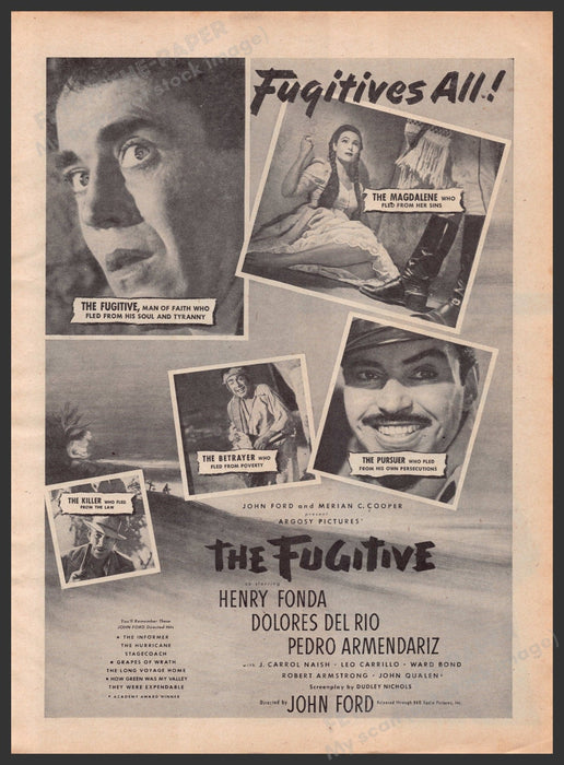 "The Fugitive" Movie Release Henry Fonda 1940s Print Advertisement Ad 1947 Fetch-the-Paper