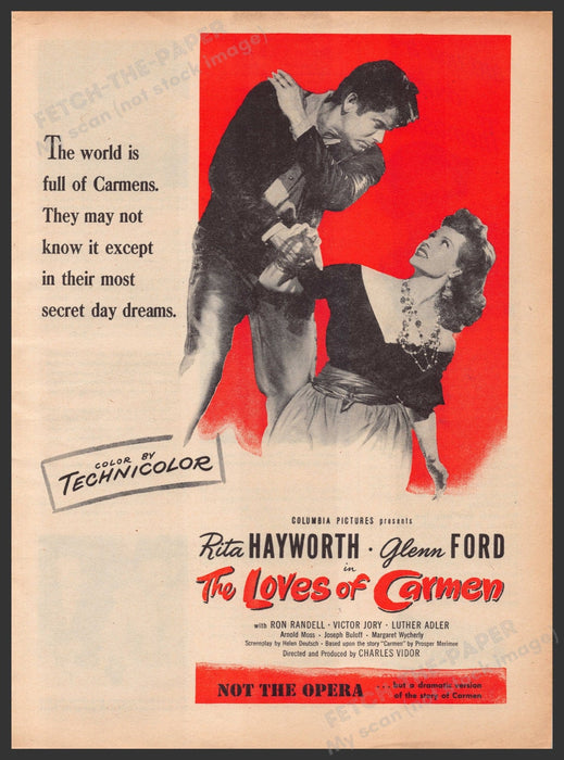 "The Loves of Carmen" Movie Release 1940s Print Advertisement Ad 1948 Fetch-the-Paper