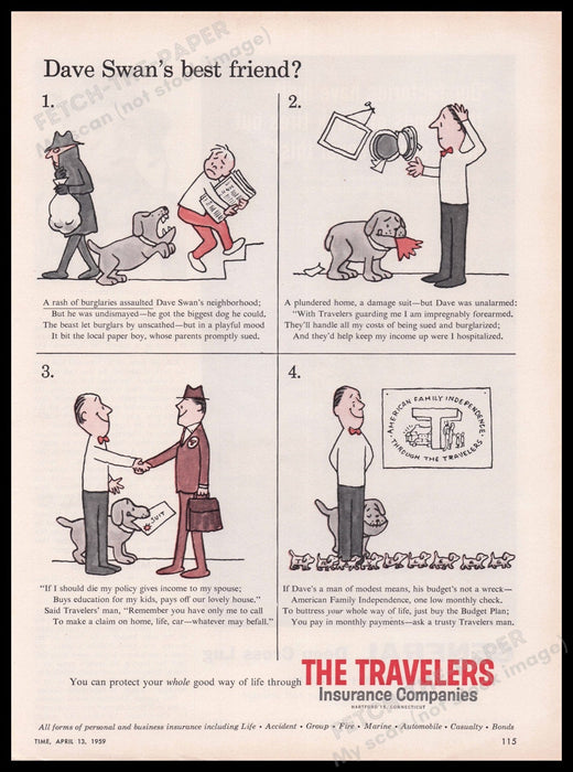 The Travelers Insurance Companies Dave Swan 1950s Print Advertisement Ad 1959 Fetch the Paper!