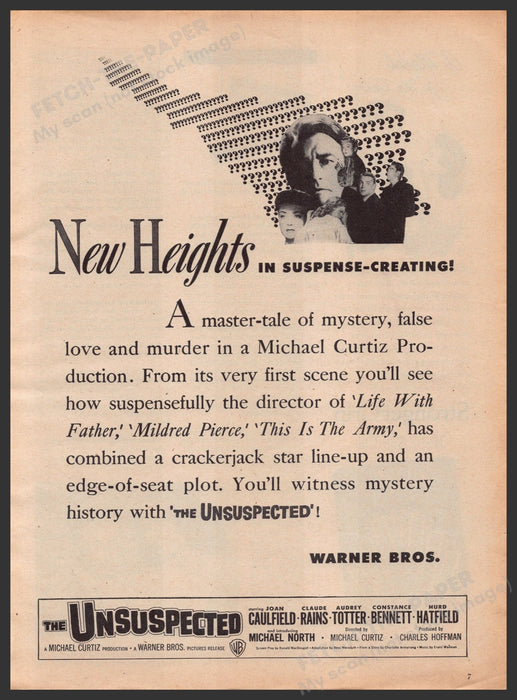 "The Unsuspected" Movie Release 1940s Print Advertisement Ad 1947 Warner Bros. Fetch-the-Paper