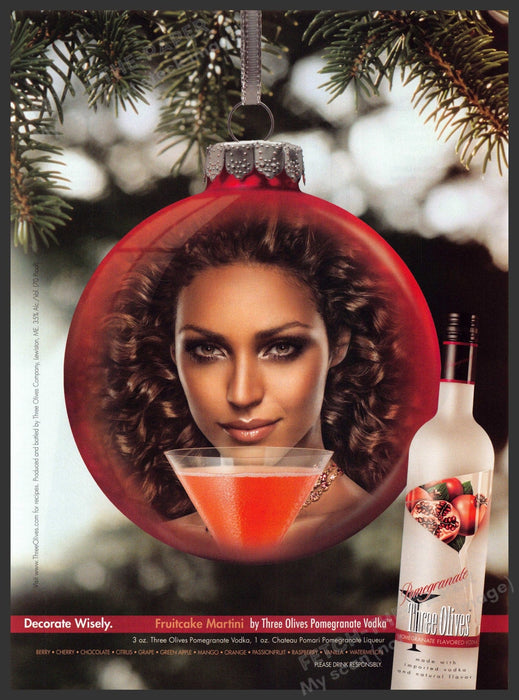 Three Olives Pomegranate Vodka 2000s Print Advertisement 2007 Christmas Bulb Fetch-the-Paper