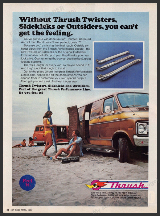Thrush Auto Parts 1970s Magazine Print Advertisement 1977 Van Couple Beach Thrush