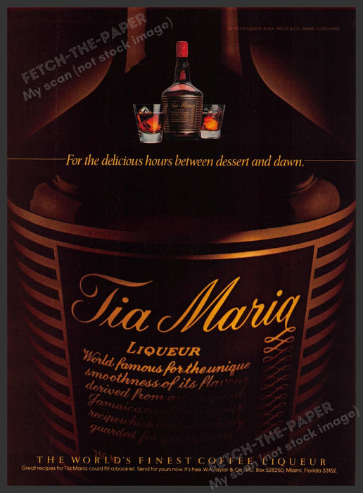 Tia Maria Liqueur 1980s Print Advertisement 1983 "Hours between dessert & dawn" Fetch-the-Paper