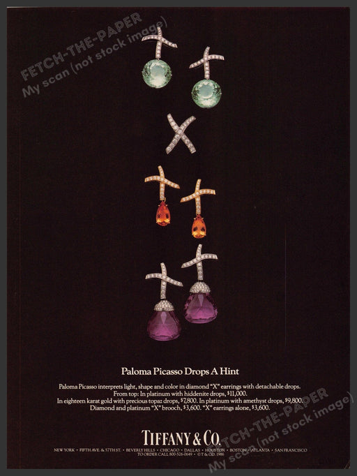 Tiffany & Co. 1980s Print Advertisement 1986 Paloma Picasso Diamond X Earrings Fetch-the-Paper