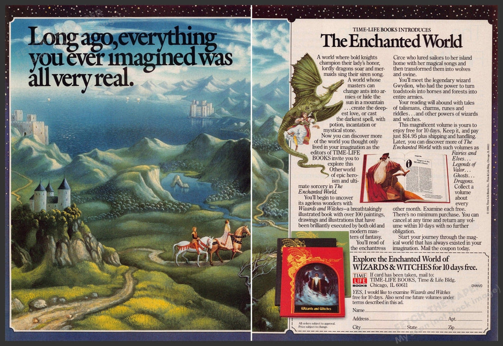 Time-Life Books 1980s Print Advertisement (2 page) 1985 "The Enchanted World" Fetch-the-Paper