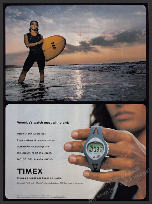 Timex Watch Veronica Rush 2000s Print Advertisement 2001 Female Surfer Fetch-the-Paper