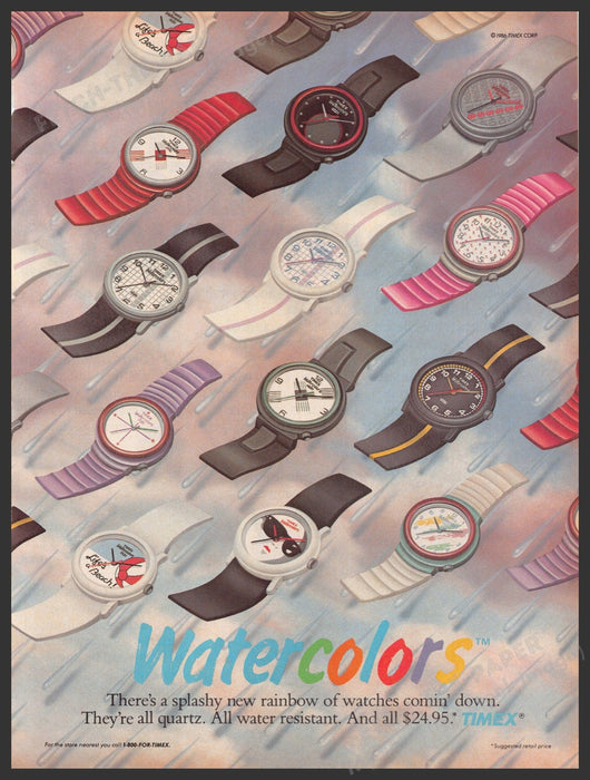 Timex Watercolors Watches 1980s Print Advertisement 1986 Splashy Rainbow Quartz Fetch-the-Paper