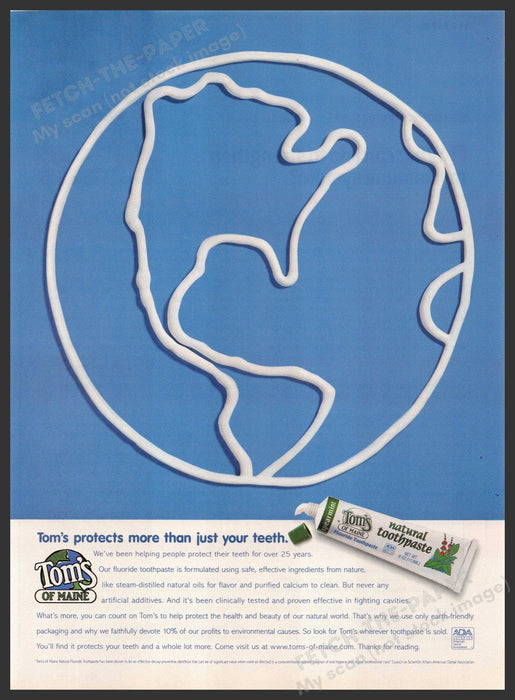 Tom's of Maine 1990s Magazine Print Advertisement 1998 Toothpaste World Tom's of Maine