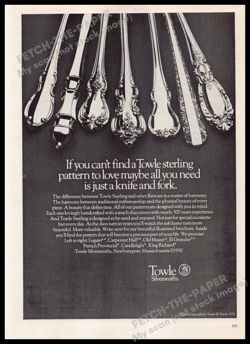 Towle Sterling 1970s Magazine Print Ad 1976 Legato Candlelight, Old Master etc Towle Sterling