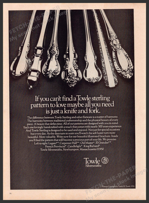 Towle Sterling 1970s Print Ad 1976 Legato Carpenter Hall Old Master El Grandee Fetch-the-Paper