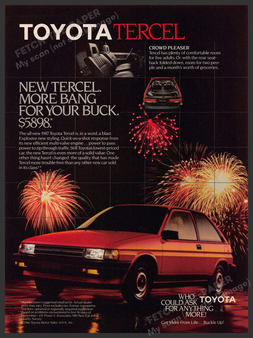 Toyota Tercel 1980s Magazine Print Advertisement 1986 Fireworks "More bang" Toyota Tercel