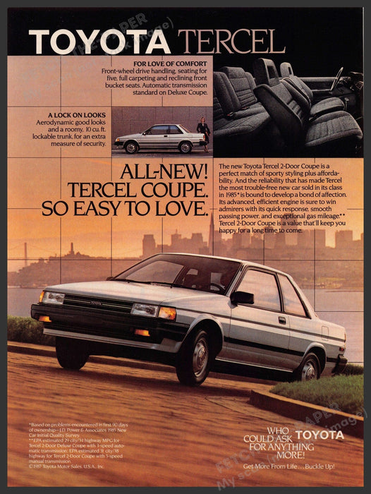 Toyota Tercel 1980s Magazine Print Advertisement 1987 "So easy to love" Toyota Tercel